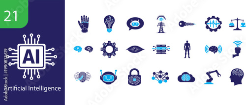 Artificial intelligence solid icon set with AI, machine learning, robotics, data, and neural icons.