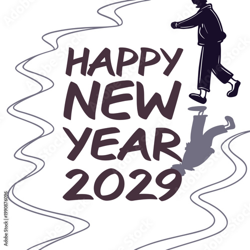 A vector graphic illustration of a man walking into the new year 2029