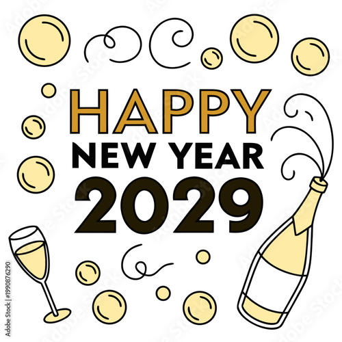 A festive vector graphic celebrating Happy New Year 2029 with champagne and bubbles