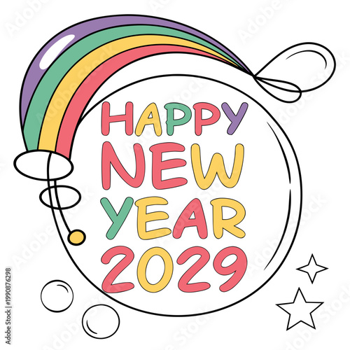 A colorful Happy New Year 2029 illustration with rainbow and balloons