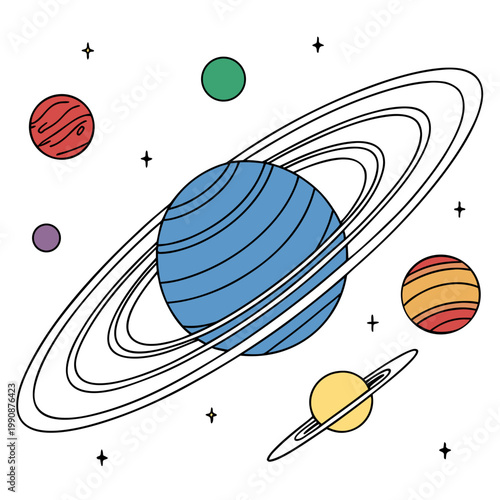 A colorful vector illustration of the solar system with planets and stars