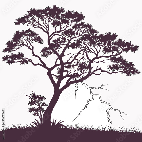 A vector graphic illustration of a tree with lightning striking the ground