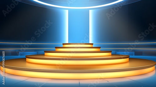 Futuristic golden podium with glowing blue light