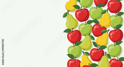 Colorful fruit pattern displays a vibrant collection of red and green apples mixed with yellow pears on a light background.