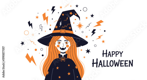 Smiling young witch with orange hair wears a starry hat and cape in a festive Halloween illustration with lightning bolts.