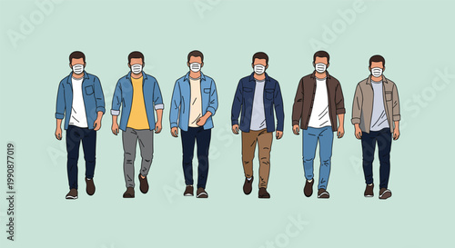 Group of men in casual attire walks forward while wearing protective medical face masks in a modern social distancing concept.