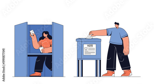 Citizens participate in democracy by casting their votes at a polling station with private booths and a ballot box.