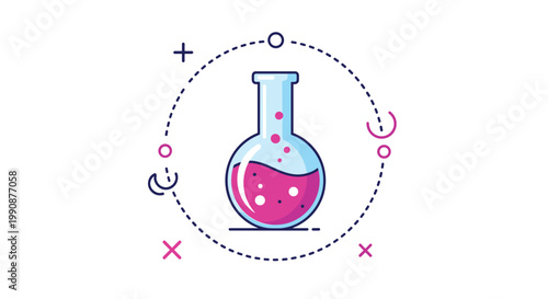 Scientific laboratory flask filled with bubbling pink liquid is centered within a modern geometric icon design on white.