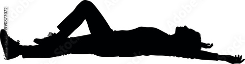 Vector silhouette illustration of a casual person lying down on the ground relaxing with one knee bent and arms extended.