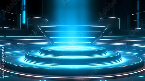 Futuristic circular stage with glowing blue lights, technology background