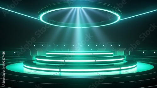 Futuristic circular stage with glowing green lights and spotlight