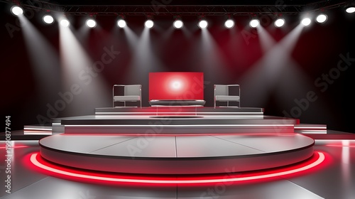 Modern Digital Event Stage with Spotlight and Red Neon Lighting