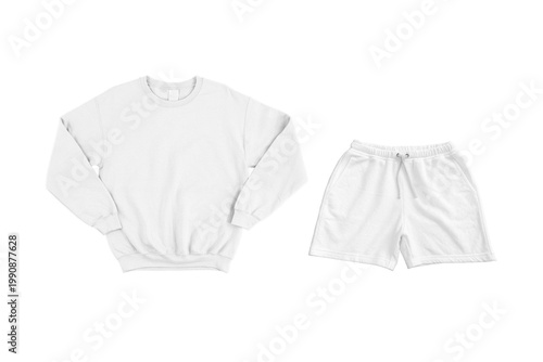 Minimalist white sweatshirt and shorts mockup on a clean background. High-quality blank apparel template with realistic fabric and natural folds, perfect for branding, logos, print-on-demand.