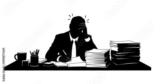 Overwhelmed businessman at a desk surrounded by paperwork silhouette