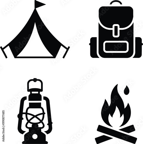 Camping gear icons: tent backpack lantern campfire with black and white background backpack campfire outdoors adventure illustration silhouette collection isolated equipment