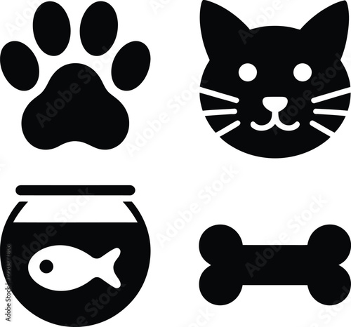 Pet care icons with paw print cat face fishbowl bone black and white pet owner pet food fishbowl illustration silhouette collection aquarium domestic companion footprint whiskers