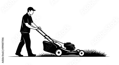 Man mowing a lawn with a rotary mower black silhouette