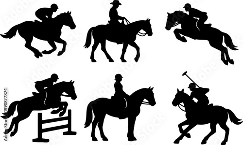  Horse Riding and Equestrian Black Silhouette Set — Jockey Racing, Cowboy, Show Jumping, Dressage, Polo Vector Collection