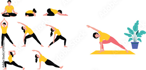 Yoga Workout Routine Collection with Woman Performing Stretching Balance and Fitness Exercises for Healthy Lifestyle Flat Vector Illustration Set