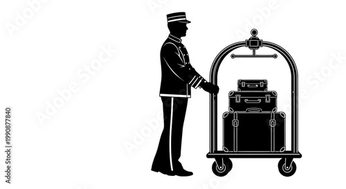 A bellhop carries luggage with a classic detailed silhouette
