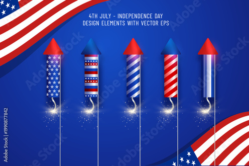 Set of patriotic fireworks rockets for july 4th celebration on blue background