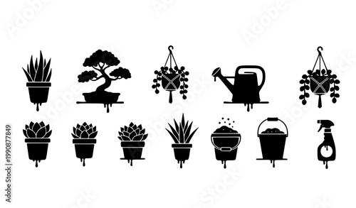 Minimal Houseplant Gardening Silhouette Icons Dripping Effect Plant Vector Set