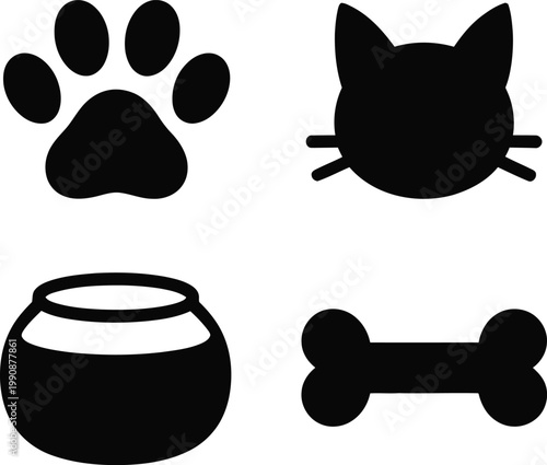 Pet care icons with paw print cat face food bowl bone black and white pet owner illustration silhouette collection domestic companion footprint whiskers minimalist domesticated