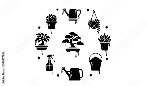 Gardening and Houseplant Silhouette Icons with Drip Effect Botanical Vector Set