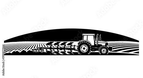 Vintage tractor plowing a field a striking black and white silhouette