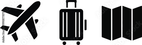 Travel icons: airplane suitcase folded map with flat design air travel holiday planning trip planning business travel leisure travel airplane suitcase navigation direction vacation