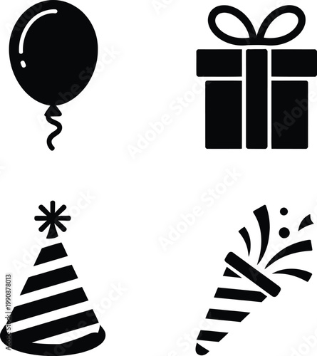 Birthday party icons: balloon gift box party hat party popper with flat design gift giving surprise party supplies birthday celebration confetti graphics illustration silhouette