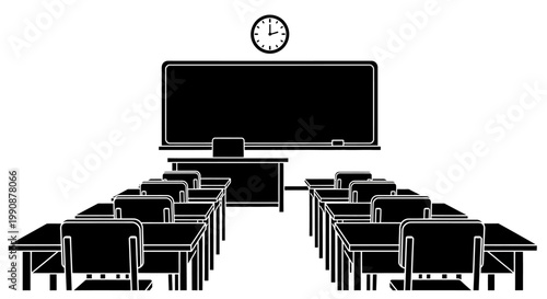 Empty classroom with blackboard desks and a clock a silhouette