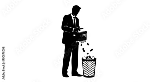 Man destroying documents with a shredder a stark black silhouette