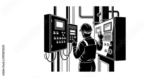 Worker inspecting industrial control panels in a striking silhouette