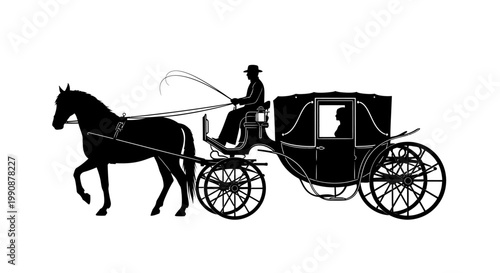 Vintage horse drawn carriage with a driver a striking black silhouette