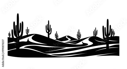Desert landscape with cacti and rolling hills a striking silhouette