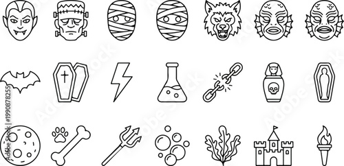 Set of 21 spooky Halloween horror icons featuring classic monsters and gothic elements in a clean, black and white line art style.