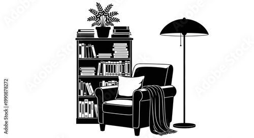 Cozy reading nook with bookshelf chair and lamp silhouette