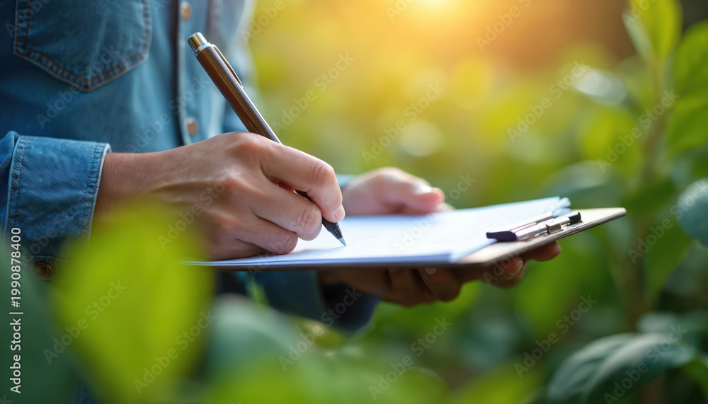 Fototapeta premium Person in denim shirt holds clipboard and pen. Writing notes outdoors among green plants with sunlight. Focused on eco research or field study.