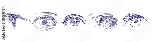 Vector art of blue dotwork style human eyes with various expressions