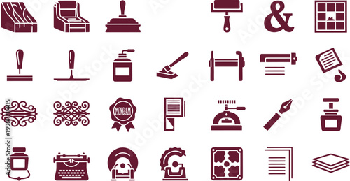 Vintage icons representing historical and literary craftsmanship and tools Vector
