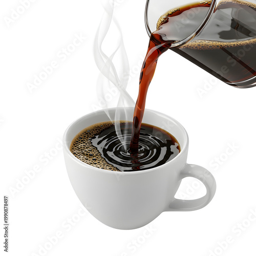 Hot coffee pouring into white cup.