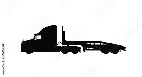 Silhouette of a semi truck with a flatbed trailer against a white background