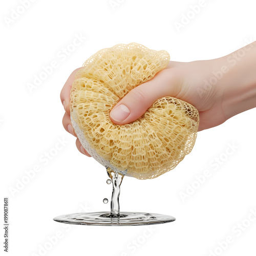 Hand holding yellow sponge squeezing water.