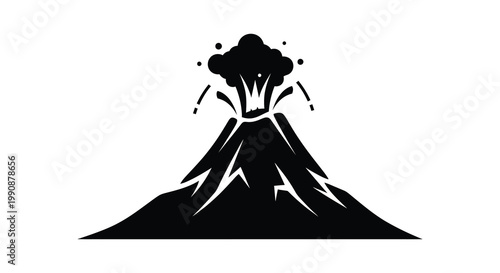 A stark black silhouette of a volcanic eruption with smoke and ash silhouette