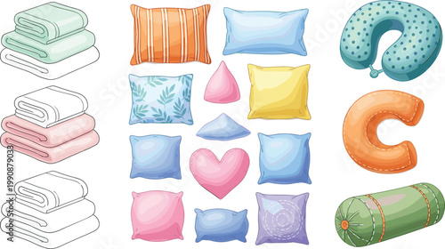 Set of Soft Pillows Towels and Neck Cushions Collection with Different Shapes Colors and Textures for Home Decor Comfort Flat Vector Illustration