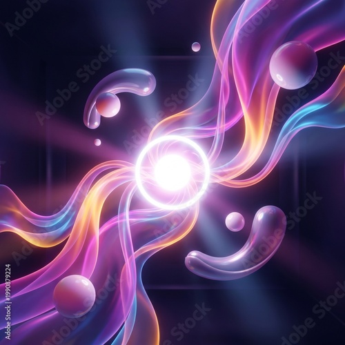 A radiant, abstract composition of flowing ribbons, glowing orbs, and a central point of bright light, creating a mesmerizing visual experience.