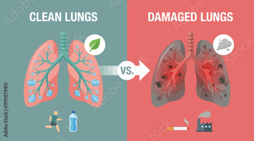 Illustrative comparison of clean, healthy lungs versus lungs damaged by pollution and harmful lifestyle choices, emphasizing respiratory well-being and disease prevention
