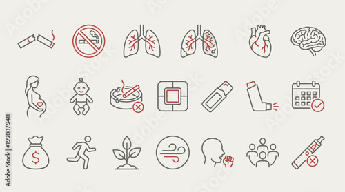 Collection of icons representing health risks and medical conditions related to smoking and respiratory health