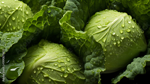 Detailed close up of fresh green cabbage leaves with water drops. Wet raw organic vegetables on dark background. Healthy vegan diet ingredient